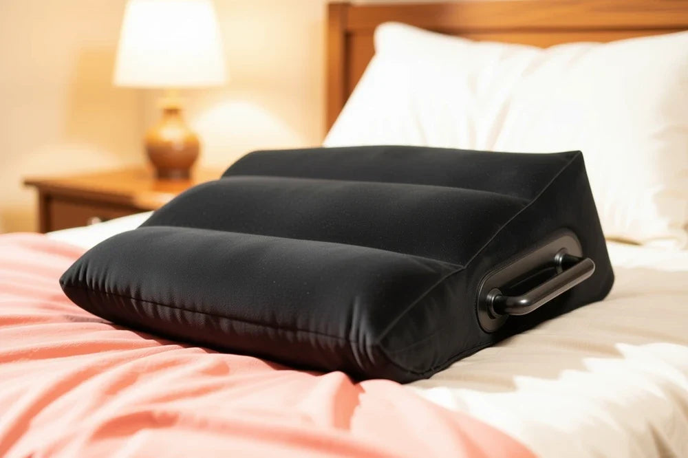 Coussin de position posé sur un lit défait, lumière chaude de chevet