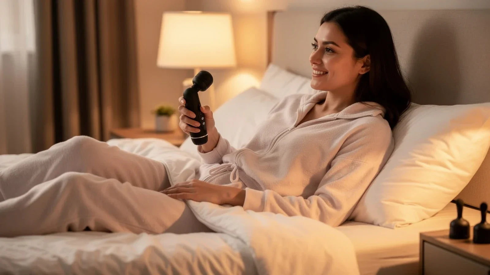 Femme détendue sur son lit tenant un vibromasseur wand — rabbit ou wand, lequel choisir