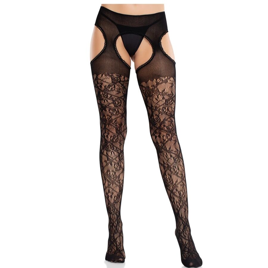 Bas Jarretelles Croisés Dentelle Florale Entrejambe Ouvert - Leg Avenue