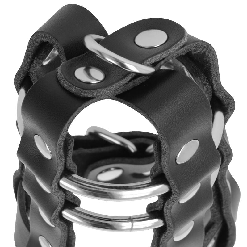 Cage de Chasteté Cuir Vegan Anneaux Ajustables avec Serrure - Darkness
