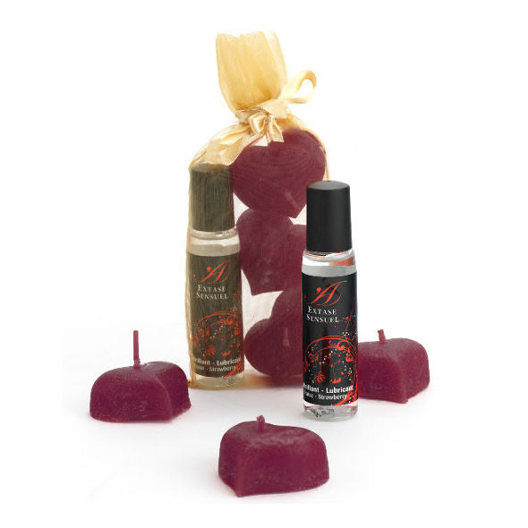 Coffret Bougie Massage Pétale de Rose & Lubrifiant Fraise Nuits de Soie - Extase Sensual
