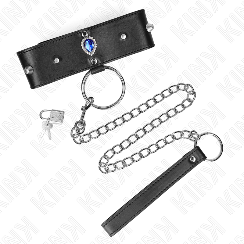 Collier BDSM Bracelet Strass Bleu Ajustable Cuir 65 cm - Kink