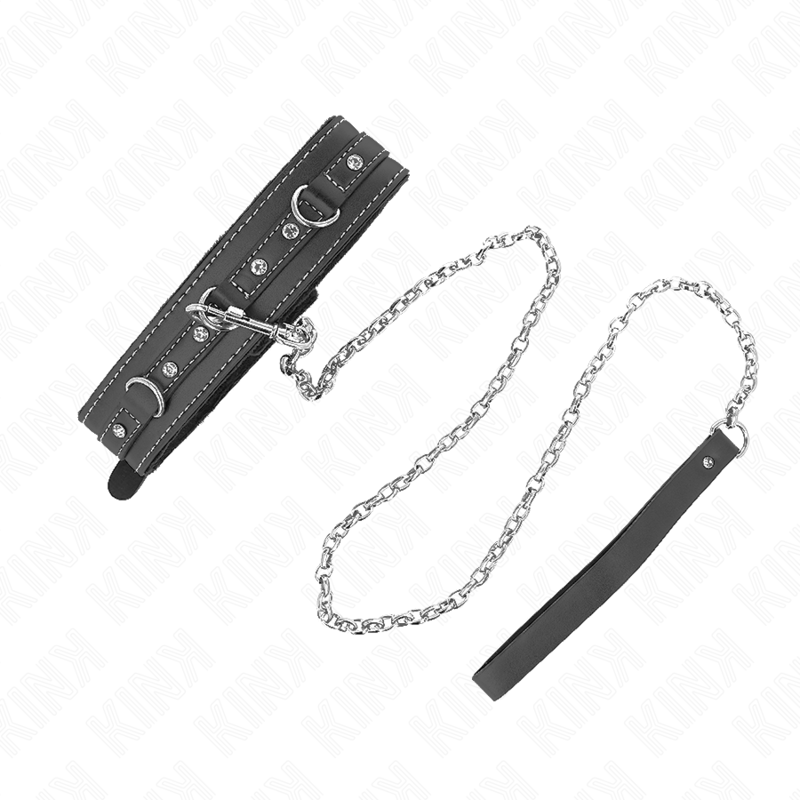 Collier BDSM Cuir avec Laisse 105 cm Rivets Strass Réglable - Kink