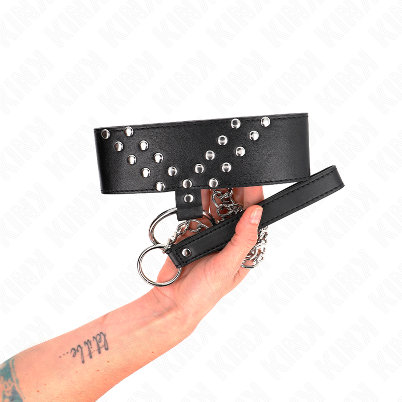 Collier BDSM Cuir avec Laisse Rivet V Réglable 36-43 cm - Kink