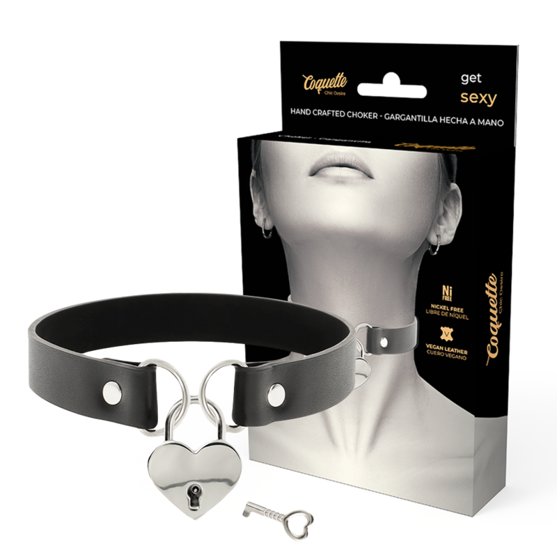 Collier BDSM Cuir Vegan Pendentif Cœur avec Clé - Coquette