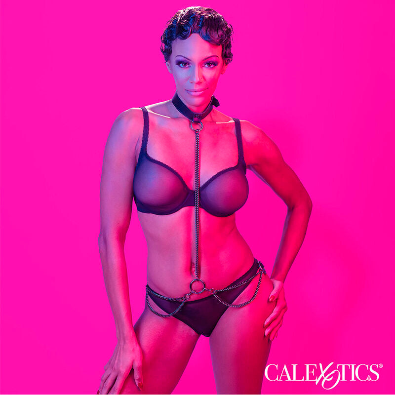 Collier et Laisse BDSM Euphoria Cuir Végan Chaîne Métal Réglable - CalExotics