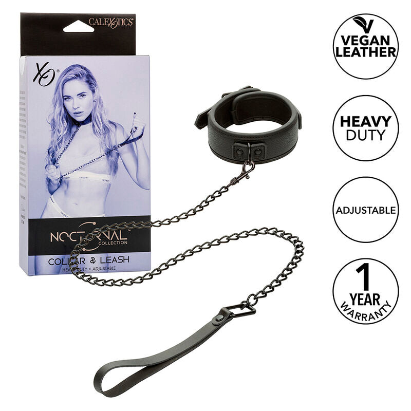 Collier et Laisse BDSM Nocturnal Cuir Réglable Anneau Pivotant - CalExotics