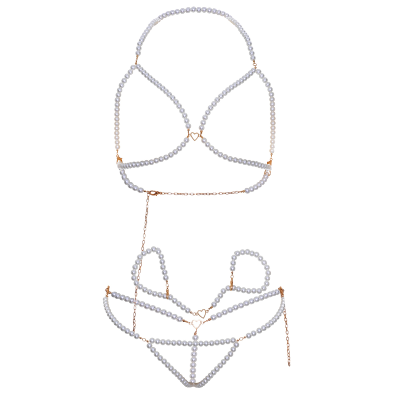 Ensemble Lingerie 3 Pièces Perles Soutien-Gorge Ouvert String Bracelets - Leg Avenue