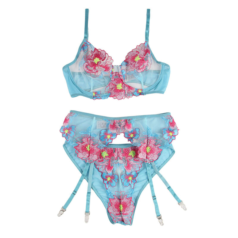 Ensemble Lingerie 3 Pièces Soutien-Gorge Culotte Porte-Jarretelles Floral - Subblime