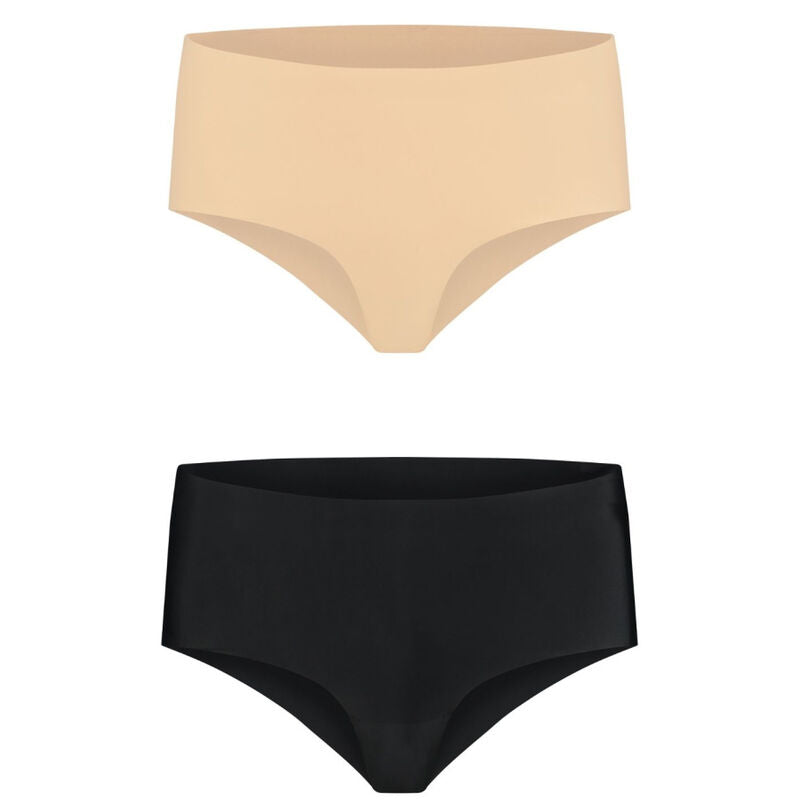 Culottes invisibles Bye Bra beige et noire présentées à plat, vue de face
