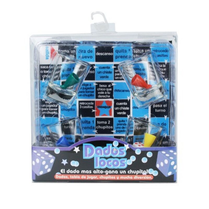 Boîte du jeu Crazy Dice Diablo Picante montrant le plateau à cases et les verres