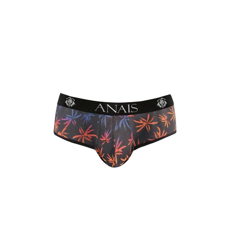 Avant du jockstrap Bikini Chill Anais Men posé à plat, palmiers colorés sur noir
