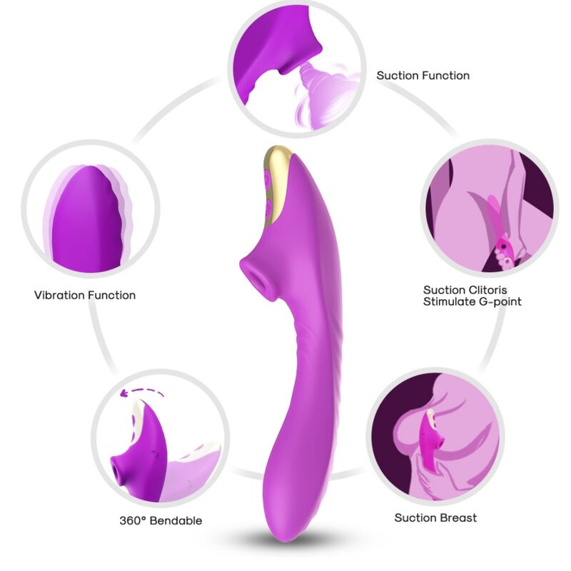 Schéma des fonctions de l'aspirateur Dudu violet : succion, vibration et corps pliable