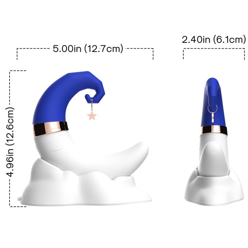 Cotes du stimulateur clitoridien Sweetmoon au bonnet bleu, vue de face et de profil