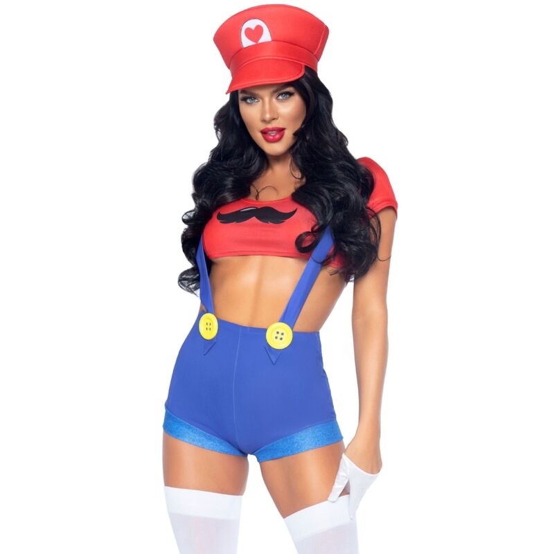 Déguisement plombier Leg Avenue de face, crop top moustache rouge et short bleu