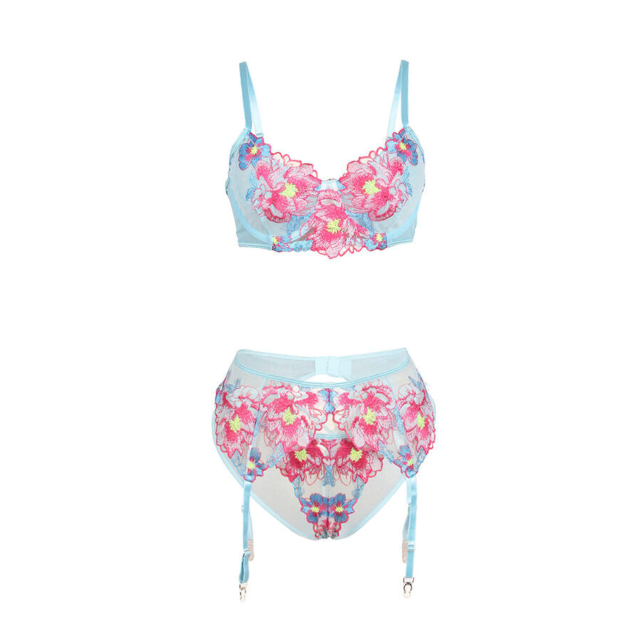 SUBBLIME - 957643 ENSEMBLE SOUTIEN-GORGE ET PORTE-JARRETELLES BRODÉ FLEURS ROSE S/M
