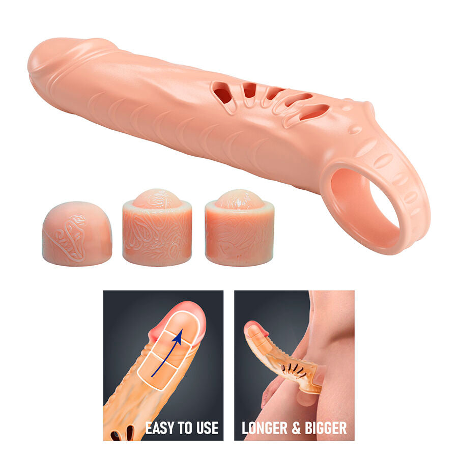 Gaine à Pénis Extensible 3 Rallonges Texturée +7,5 cm - Pretty Love