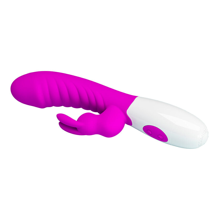 Naughty Bunny de Pretty Love couché de profil, oreilles sous la tige nervurée