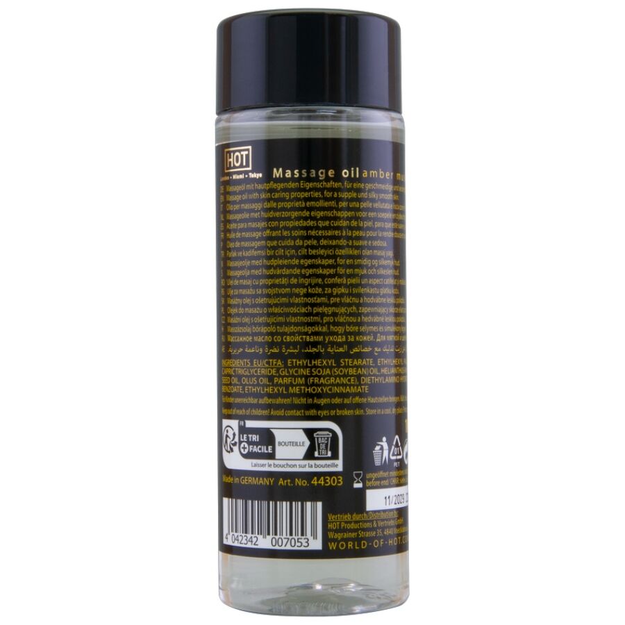 Dos du flacon d'huile de massage ambre et musc Hot avec ses ingrédients