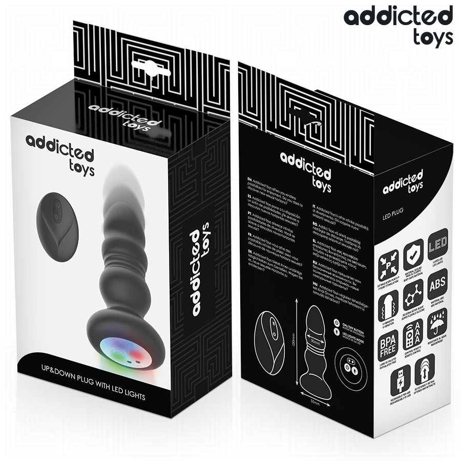 Boîte du plug anal va-et-vient à LED Addicted Toys présentée de face et de dos