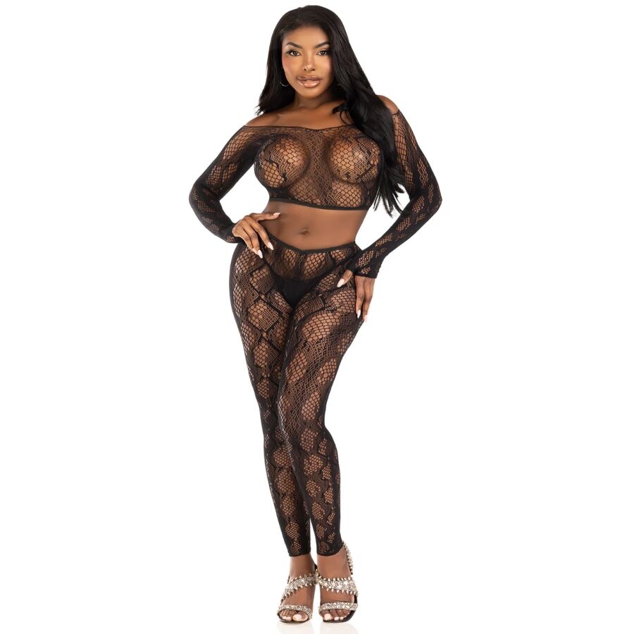 Ensemble Lingerie Crop Top et Legging Motif Python Résille Taille Unique - Leg Avenue