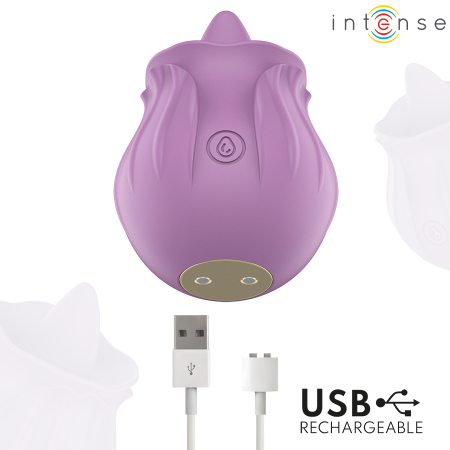Stimulateur rose Azalea d'Intense et son câble de recharge USB magnétique