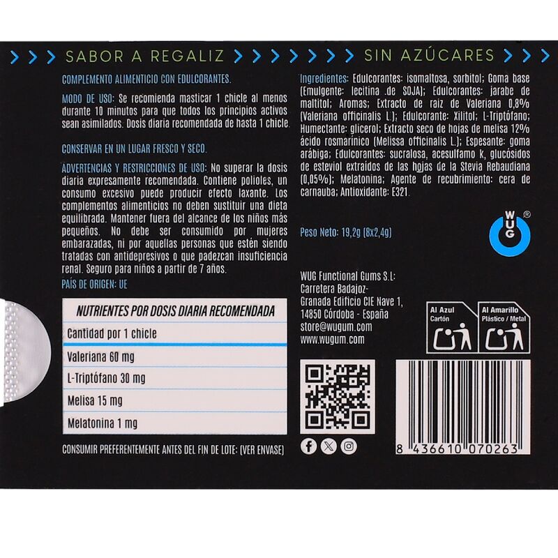 Chewing-Gum Sommeil Mélatonine Valériane Saveur Réglisse 8 Pièces - Wug Gum