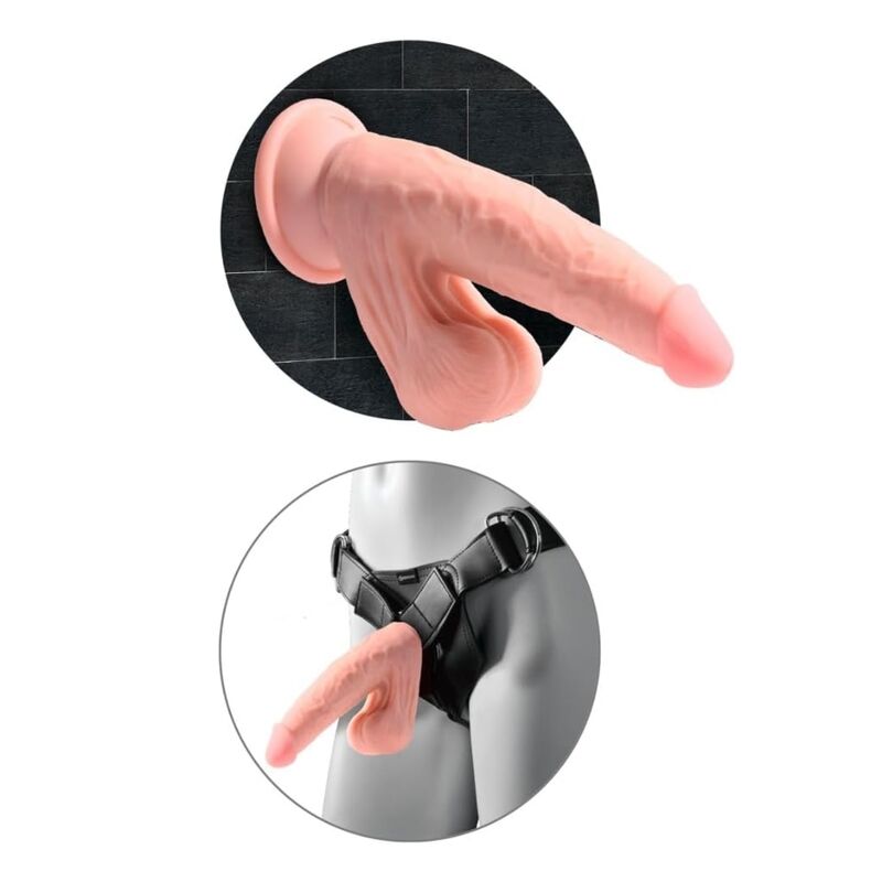 Gode triple densité King Cock fixé au mur et porté sur un harnais