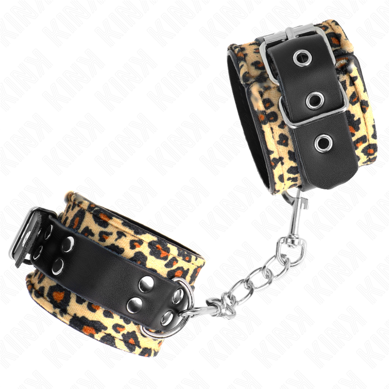 Menottes Poignets BDSM Cuir Véritable Léopard Réglables 18-29 cm - Kink