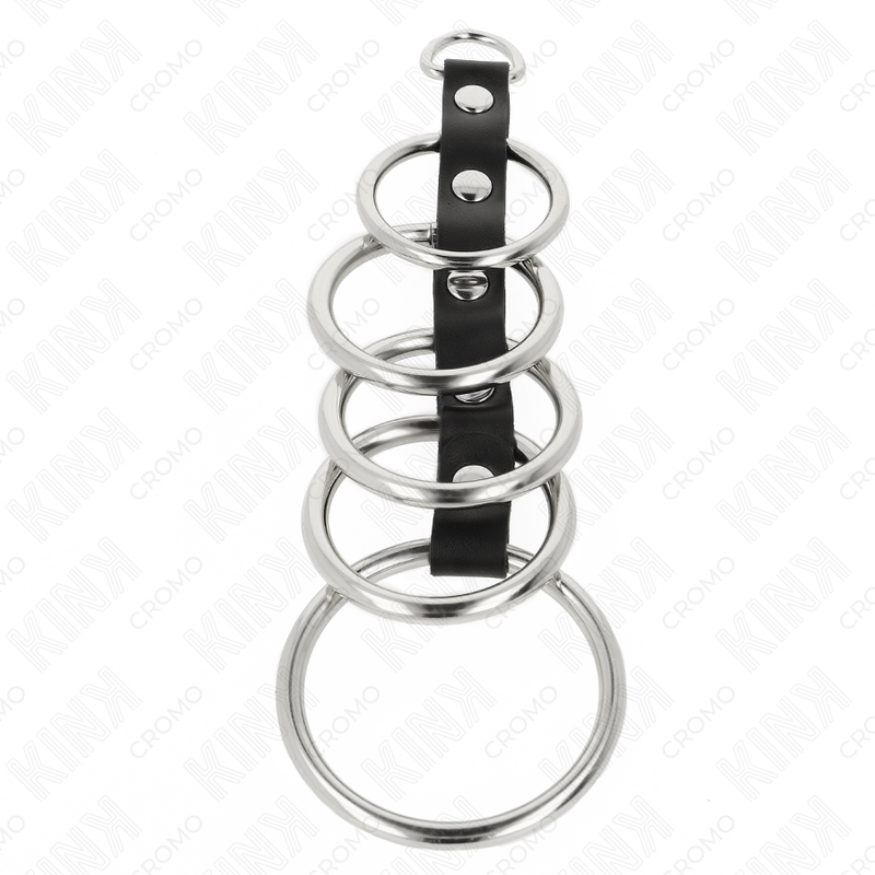 Set 5 Cockrings Métal 3,2 à 5 cm Reliés par Cuir - Kink Ring Power
